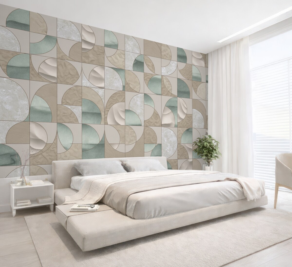 Fototapeta Geometryczny motyw zielonych, beżowych i białych faktur ułożonych w cykliczny abstrakcyjny wzór.