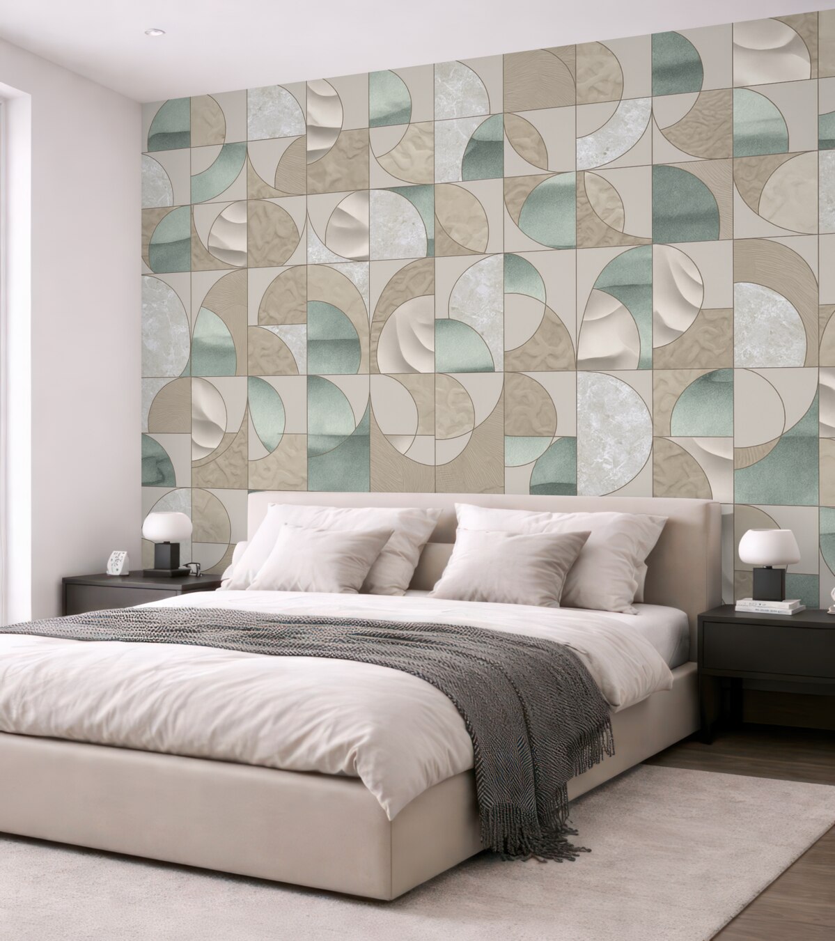 Fototapeta Geometryczny motyw zielonych, beżowych i białych faktur ułożonych w cykliczny abstrakcyjny wzór.