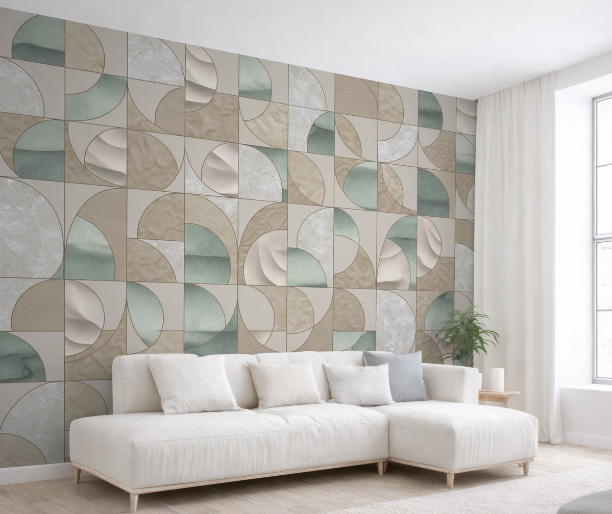 Fototapeta Geometryczny motyw zielonych, beżowych i białych faktur ułożonych w cykliczny abstrakcyjny wzór.