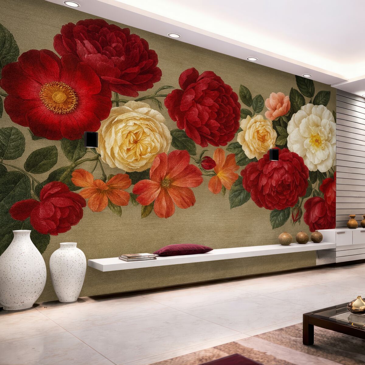 Fototapeta Sztuka w stylu vintage, kolorowe kwiaty z liśćmi na neutralnym, teksturowanym tle.