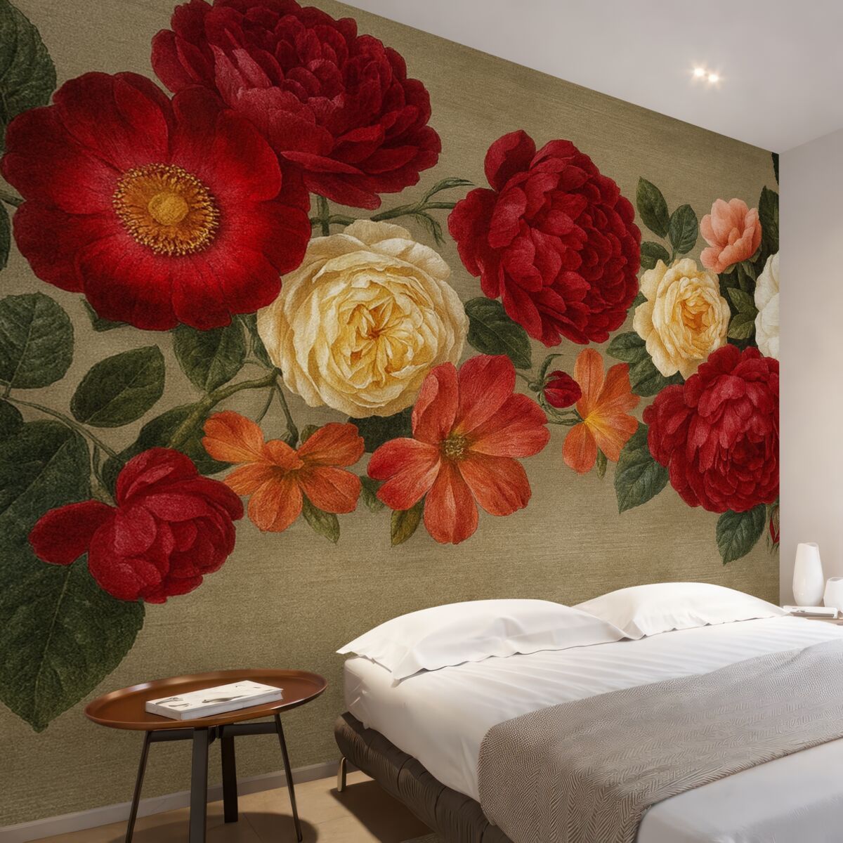 Fototapeta Sztuka w stylu vintage, kolorowe kwiaty z liśćmi na neutralnym, teksturowanym tle.