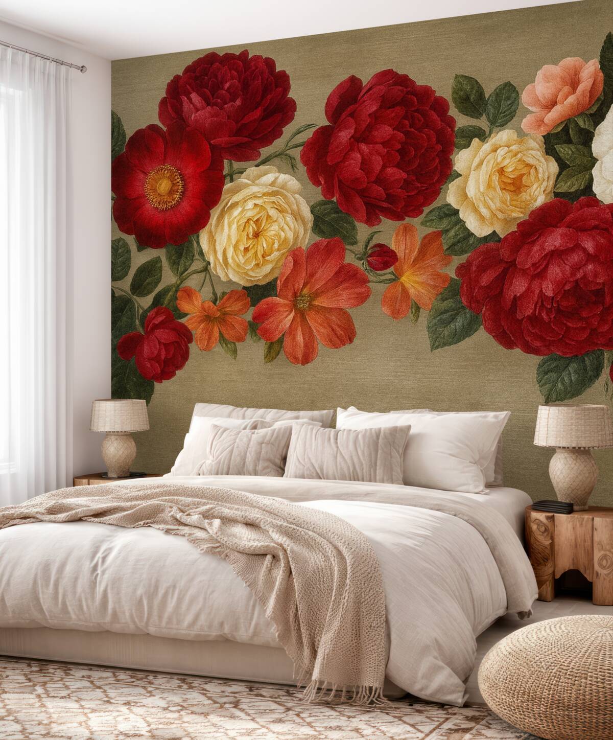 Fototapeta Sztuka w stylu vintage, kolorowe kwiaty z liśćmi na neutralnym, teksturowanym tle.