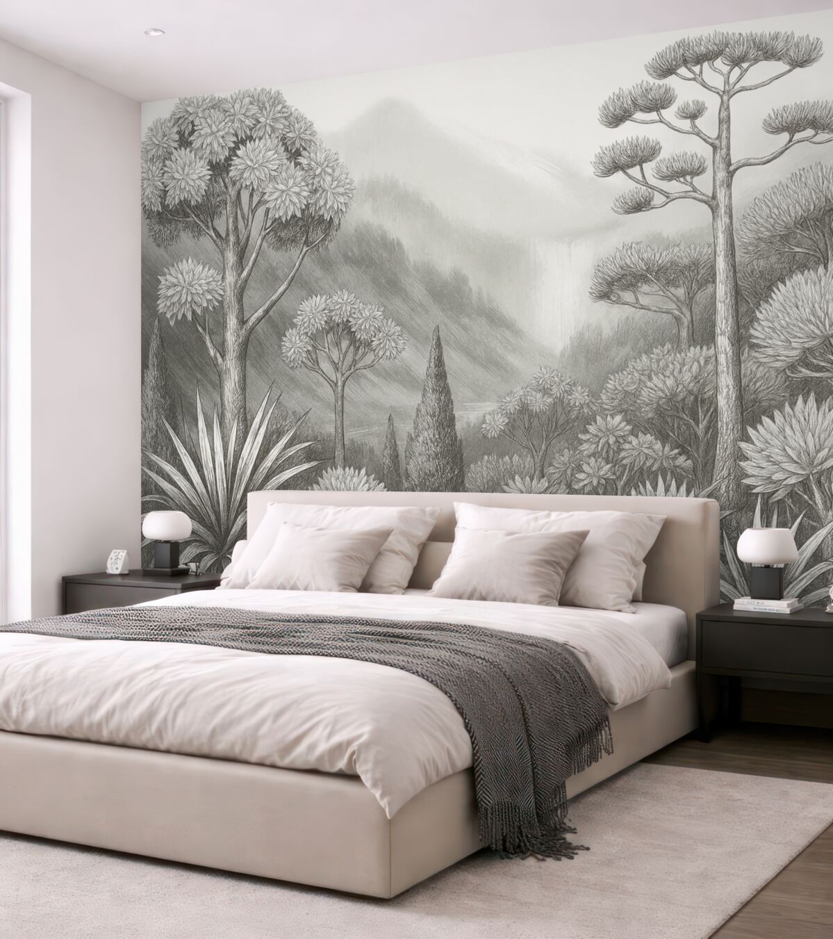 Fototapeta Czarno-biały widok z różnorodnymi gatunkami drzew i roślin oraz górami w tle.