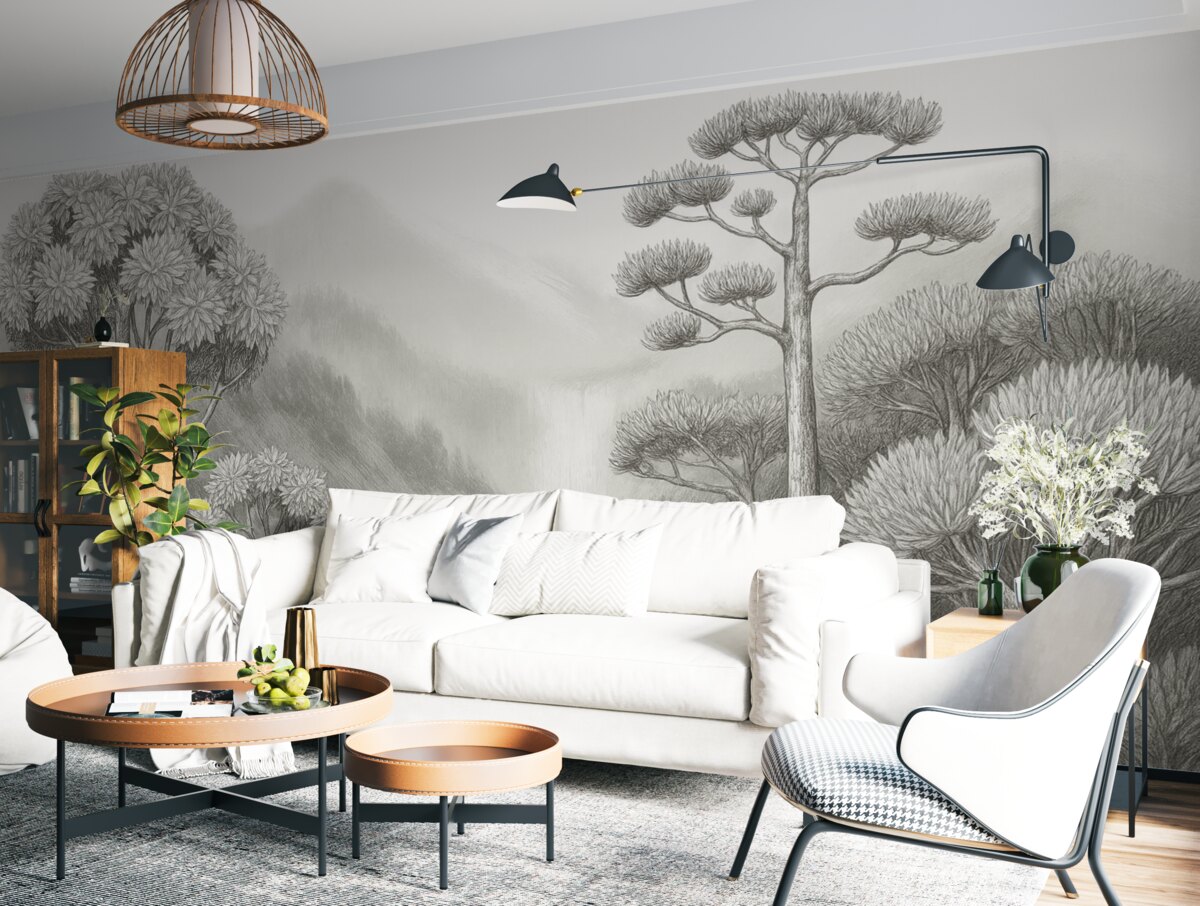 Fototapeta Czarno-biały widok z różnorodnymi gatunkami drzew i roślin oraz górami w tle.