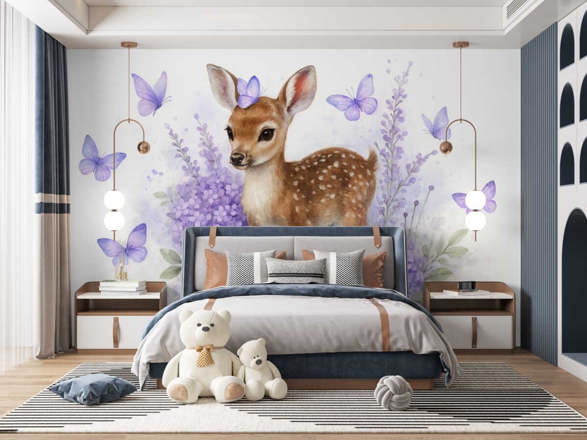 Fototapeta Młody jeleń z wielkimi oczami i plamistym futrem otoczony fioletowymi kwiatami oraz motylami.