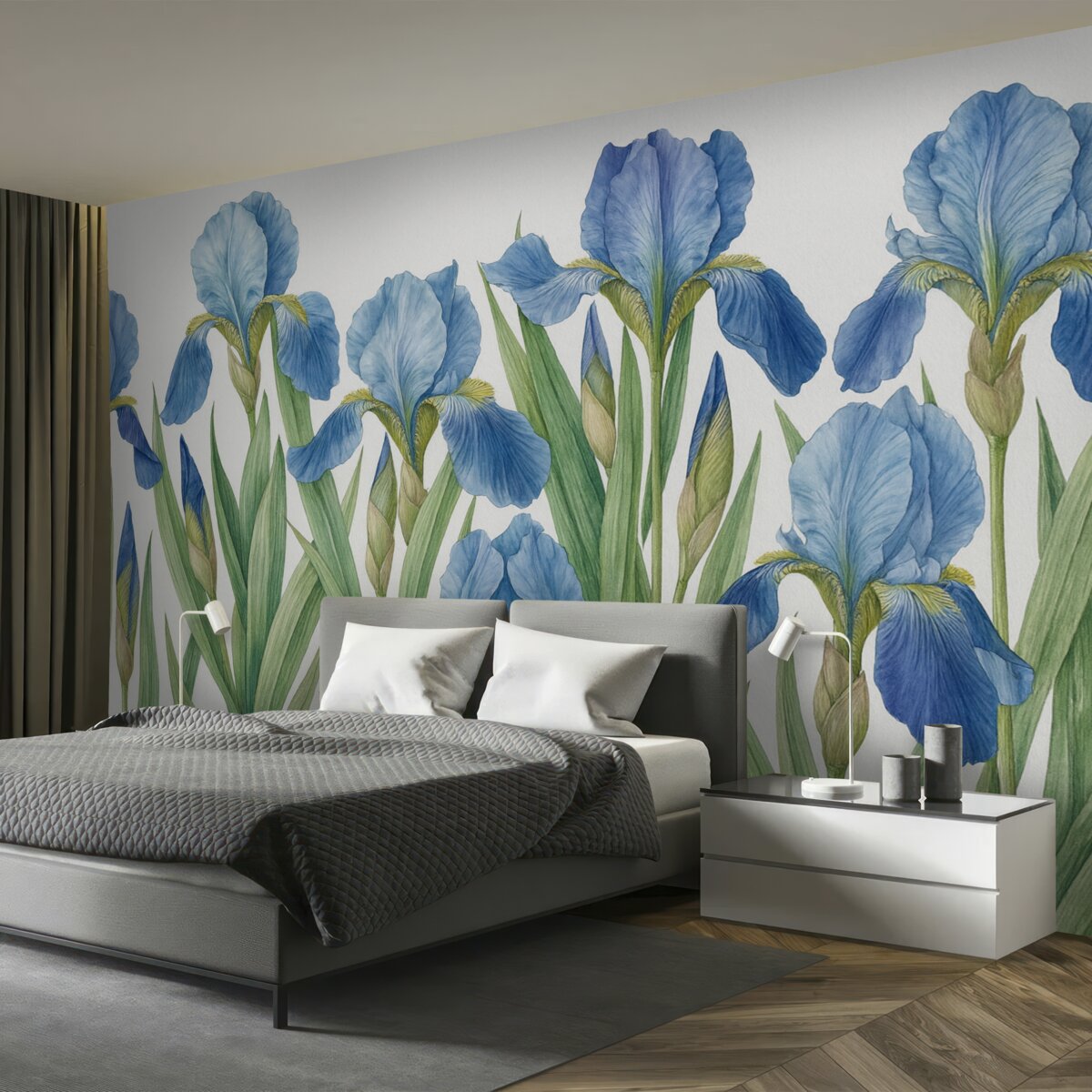 Fototapeta Wielkie malowane irysy na białej betonie.