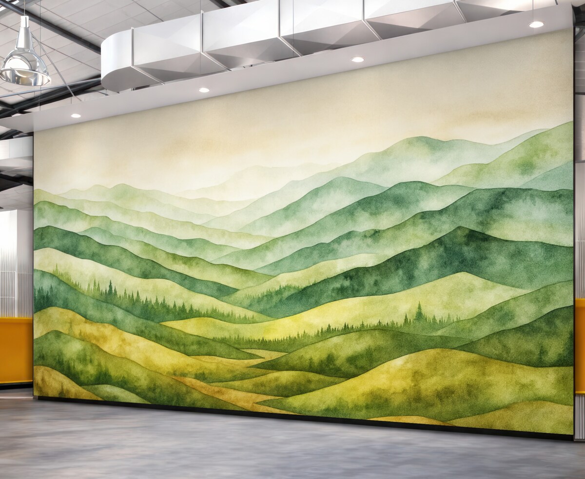 Fototapeta Akwarelowe pejzaże górskie, las, naturalne odcienie zieleni i beżu.