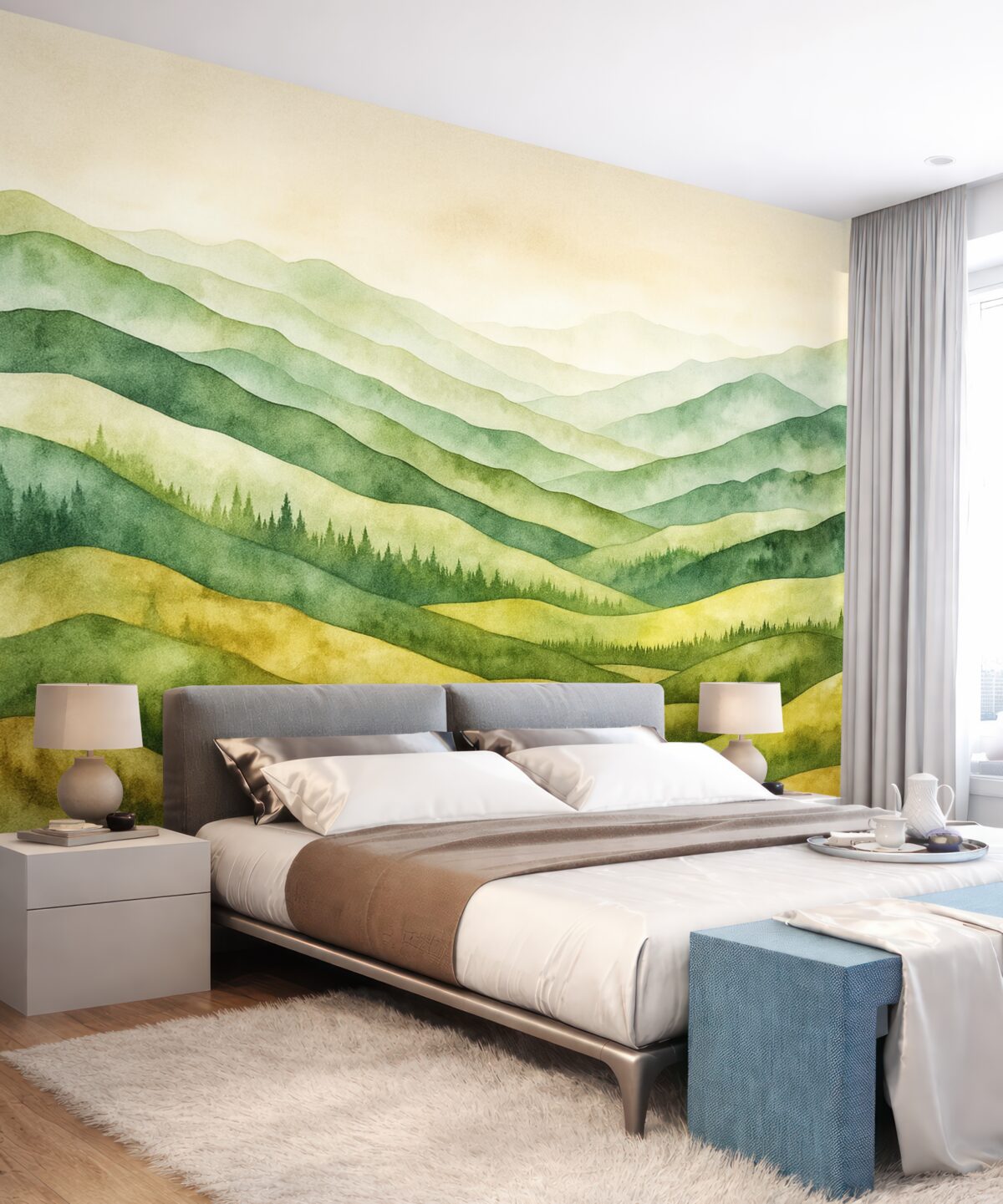 Fototapeta Akwarelowe pejzaże górskie, las, naturalne odcienie zieleni i beżu.