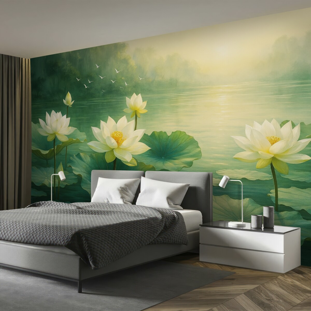 Fototapeta Lilie wodne na akwenie, malarstwo akrylowe, przyroda, odcienie zieleni i bieli.