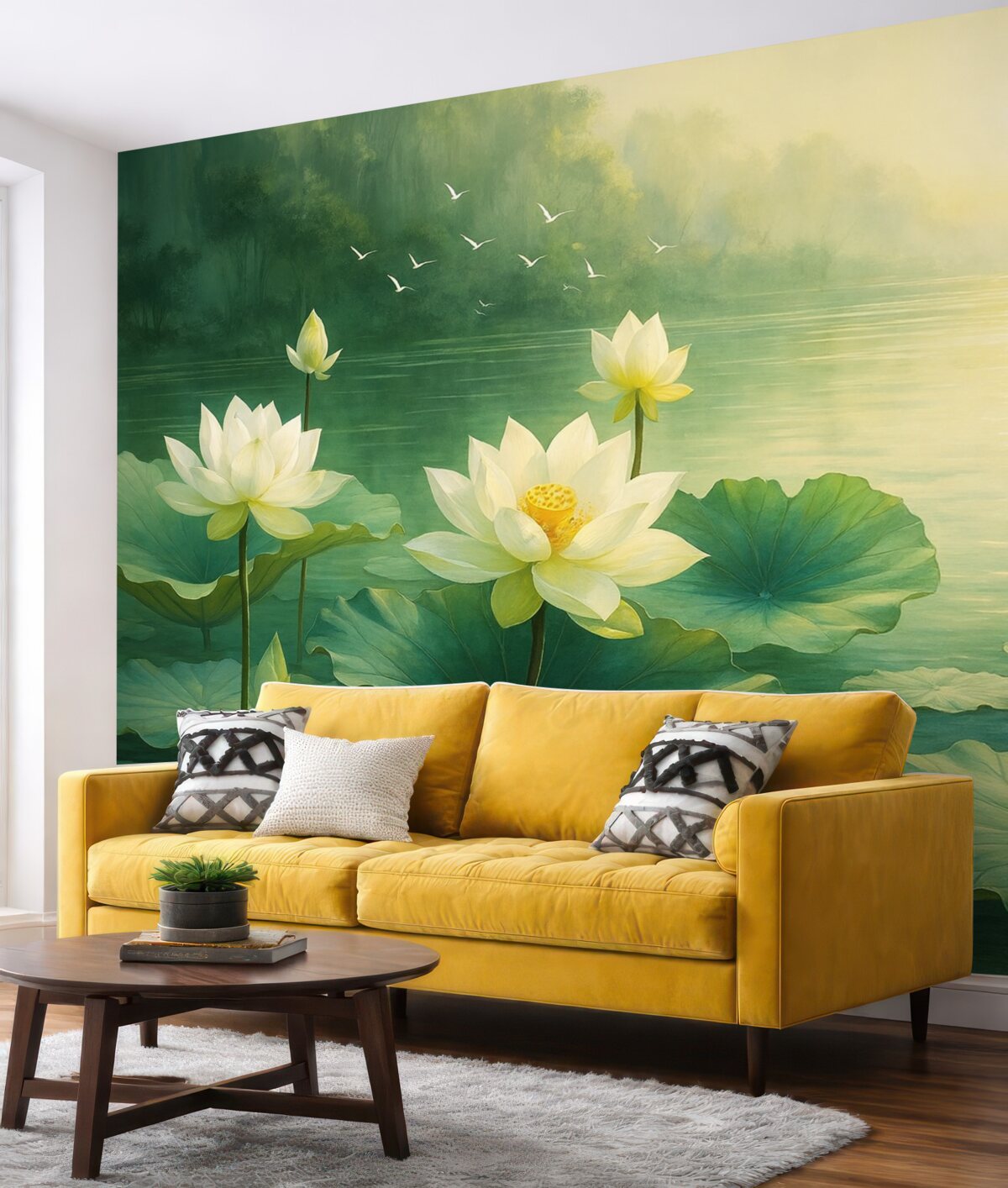 Fototapeta Lilie wodne na akwenie, malarstwo akrylowe, przyroda, odcienie zieleni i bieli.