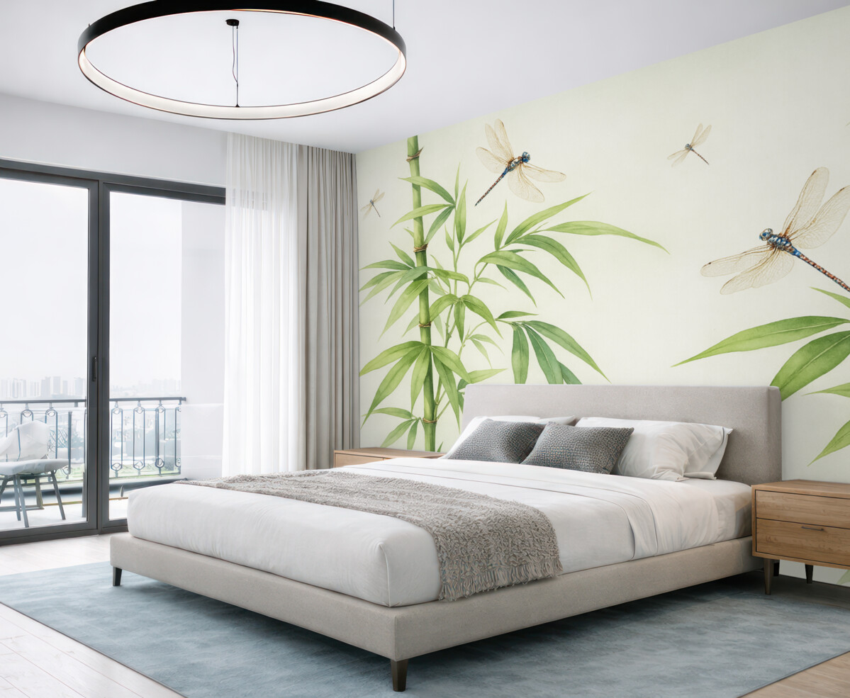 Fototapeta Las bambusowy, ważki unoszące się akwarelą, odcień zielony.