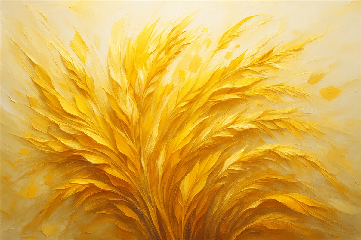 Fototapeta Abstrakcyjny obraz z pszenicznymi motywami i szerokimi pociągnięciami, w odcieniu żółtym.