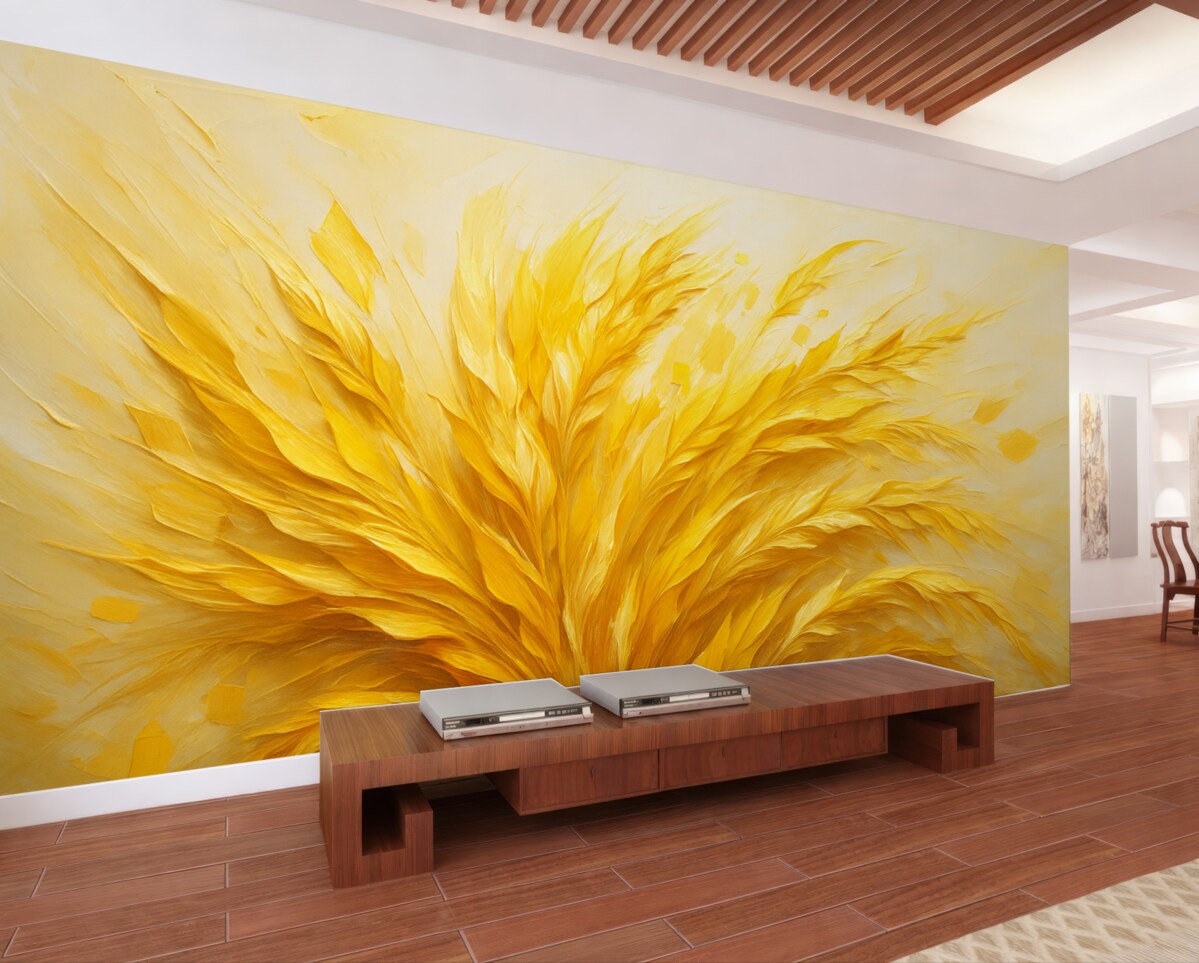 Fototapeta Abstrakcyjny obraz z pszenicznymi motywami i szerokimi pociągnięciami, w odcieniu żółtym.