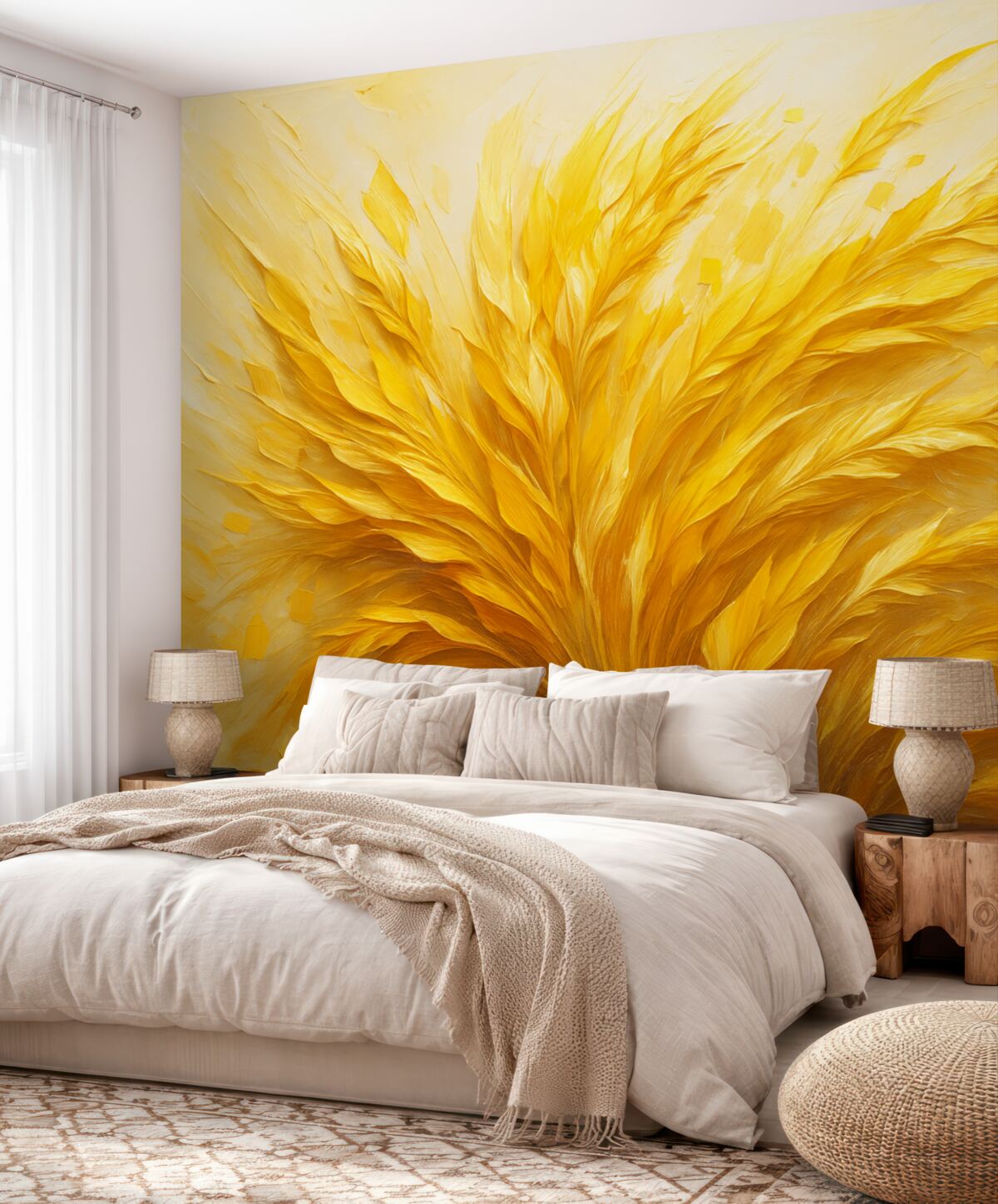 Fototapeta Abstrakcyjny obraz z pszenicznymi motywami i szerokimi pociągnięciami, w odcieniu żółtym.