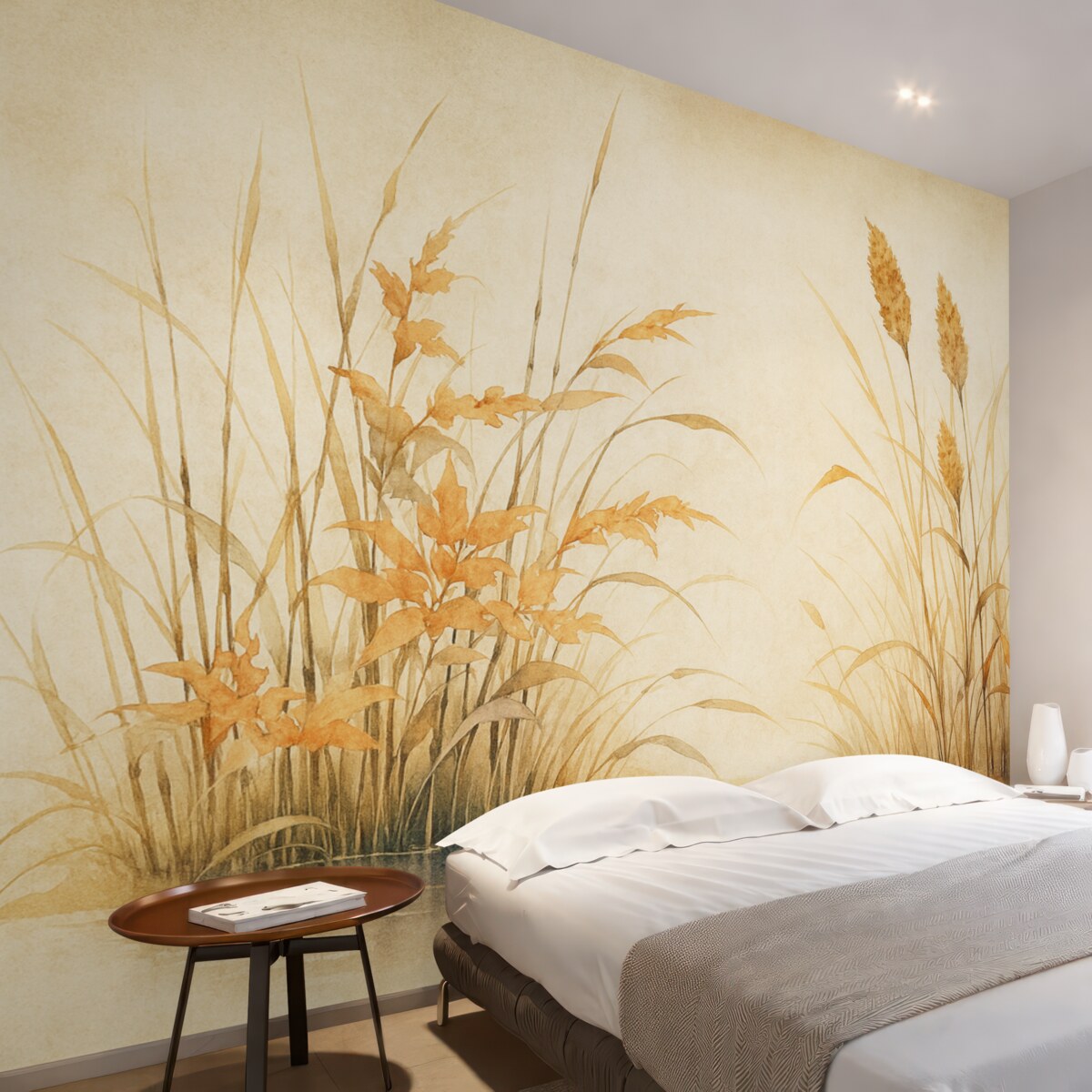 Fototapeta Krzewy trzcinowe o fakturze zbiornika, akwarela, kolor beżowy, odcień pomarańczowy.