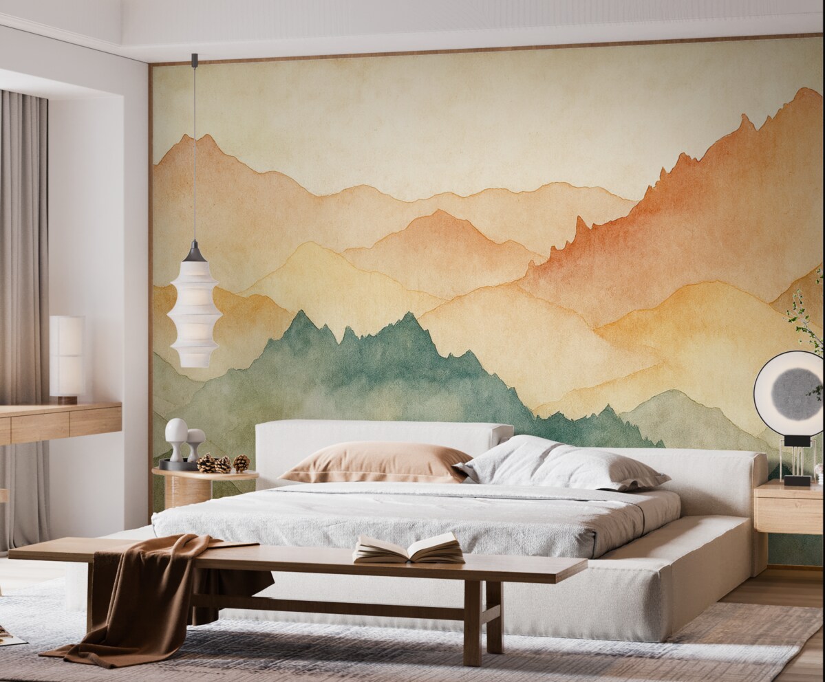 Fototapeta Góry, akwarela retro, odcień różowy, niebieski oraz żółty.