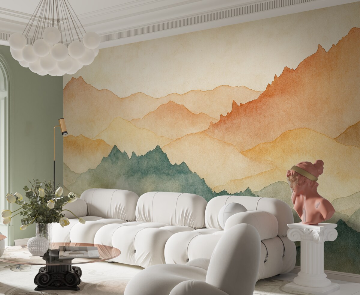 Fototapeta Góry, akwarela retro, odcień różowy, niebieski oraz żółty.