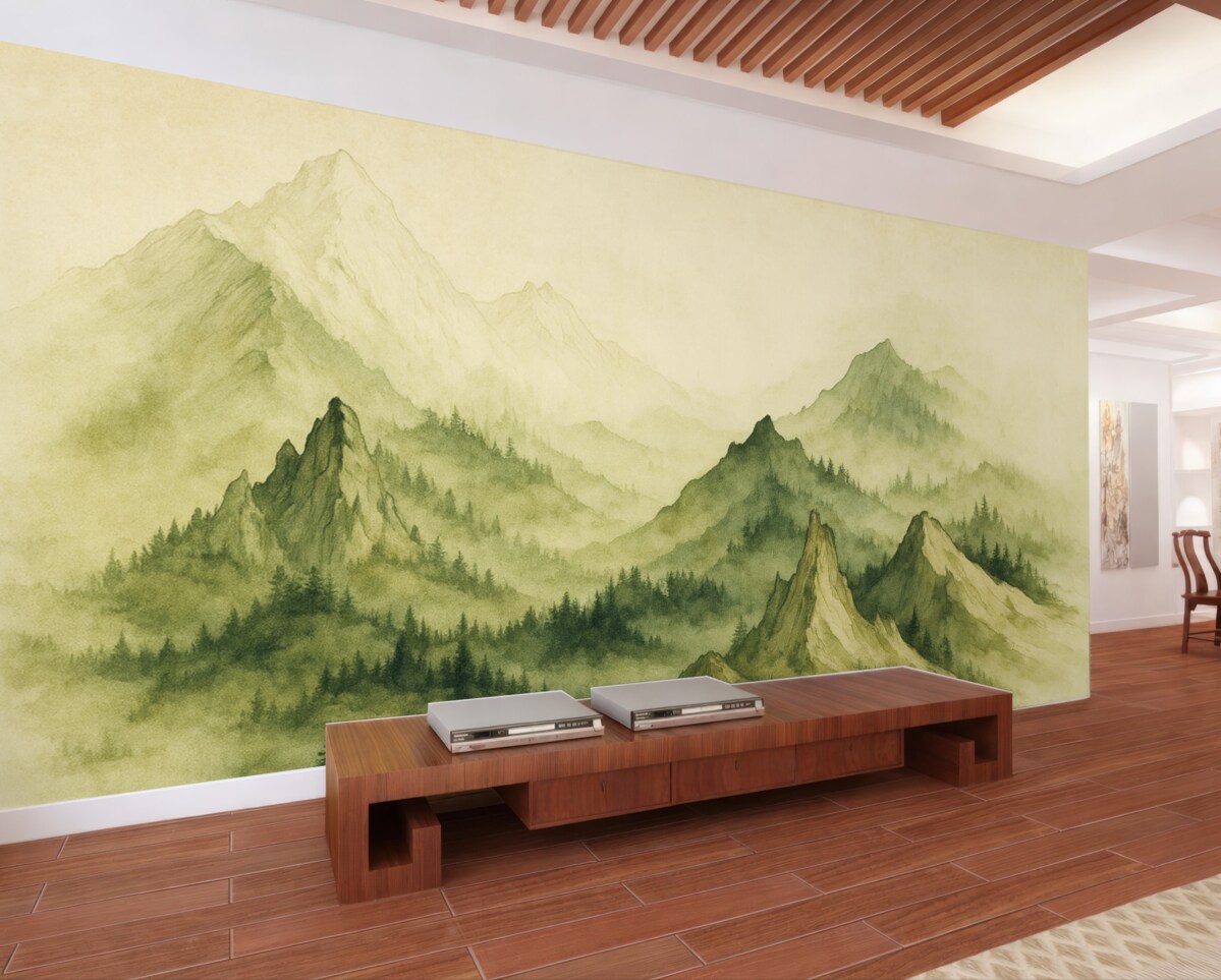 Fototapeta Akwarela w stylu vintage, górskie pasma w odcieniu zieleni.