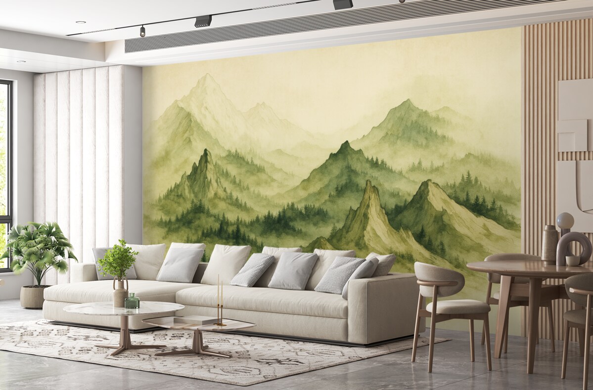 Fototapeta Akwarela w stylu vintage, górskie pasma w odcieniu zieleni.