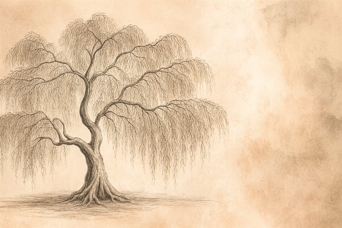 Fototapeta Wierzba na szarym różowym tle akwareli.