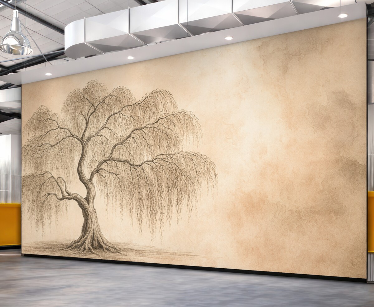 Fototapeta Wierzba na szarym różowym tle akwareli.