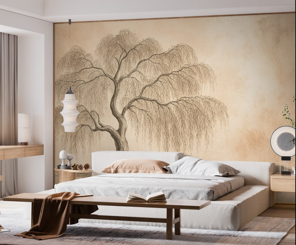 Fototapeta Wierzba na szarym różowym tle akwareli.