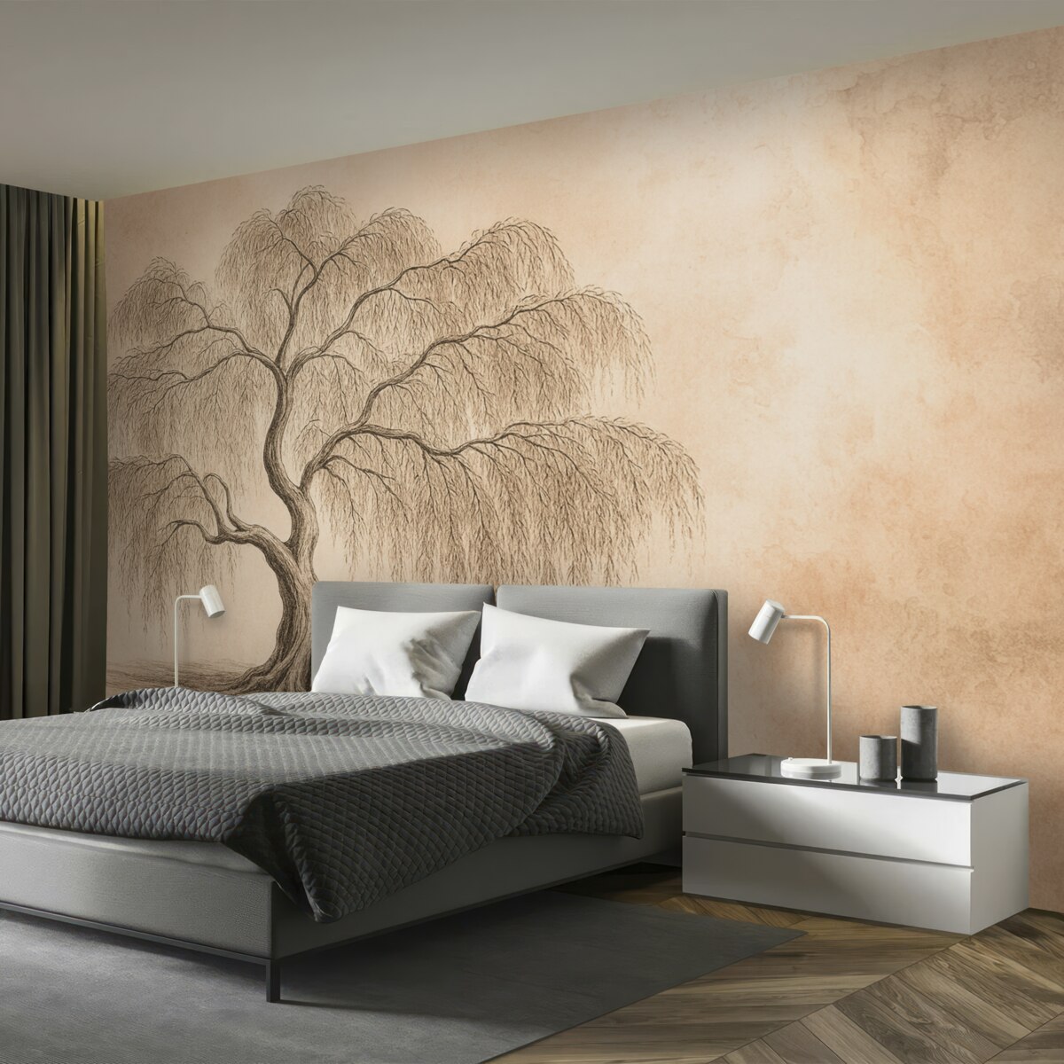 Fototapeta Wierzba na szarym różowym tle akwareli.