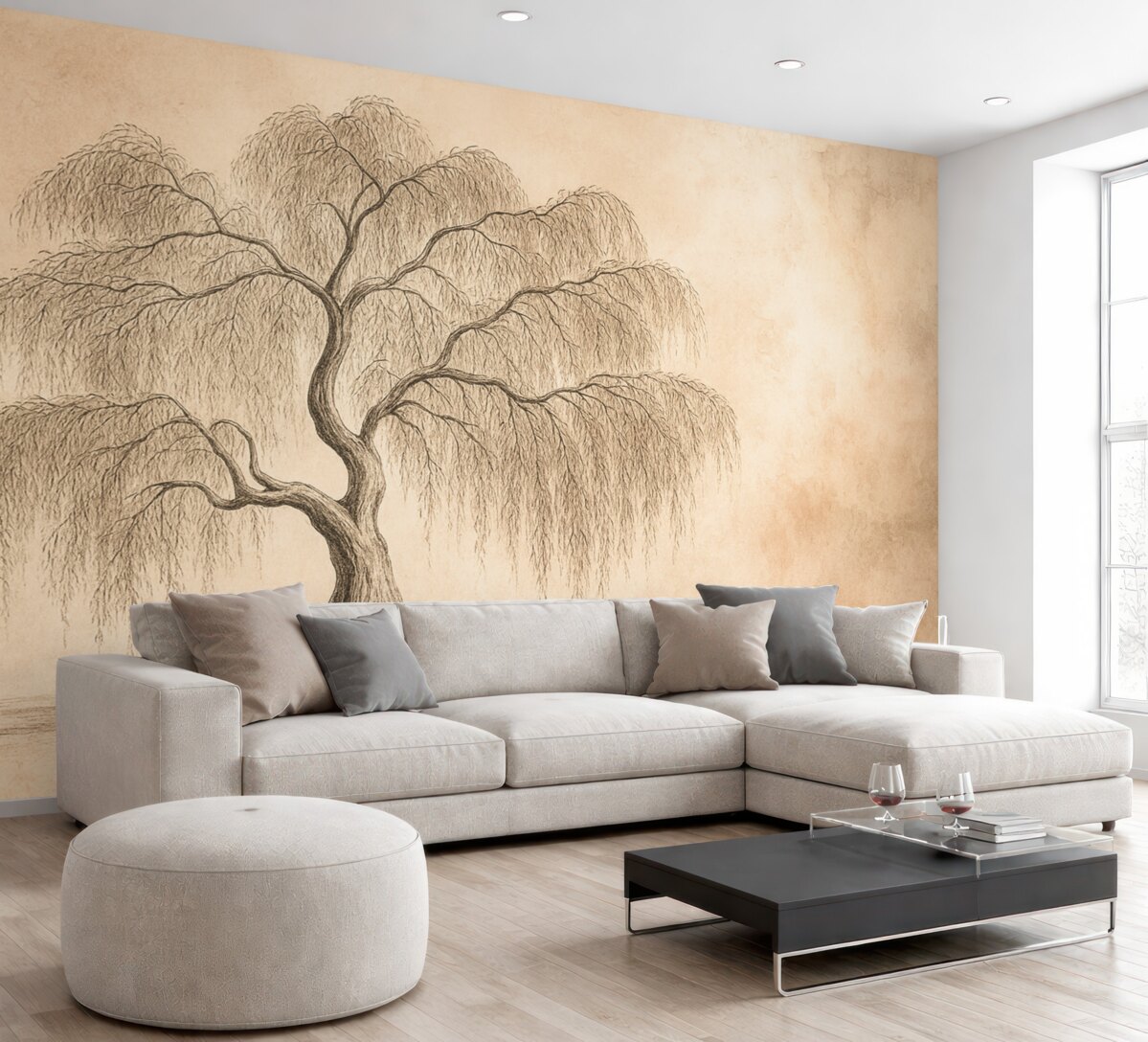 Fototapeta Wierzba na szarym różowym tle akwareli.