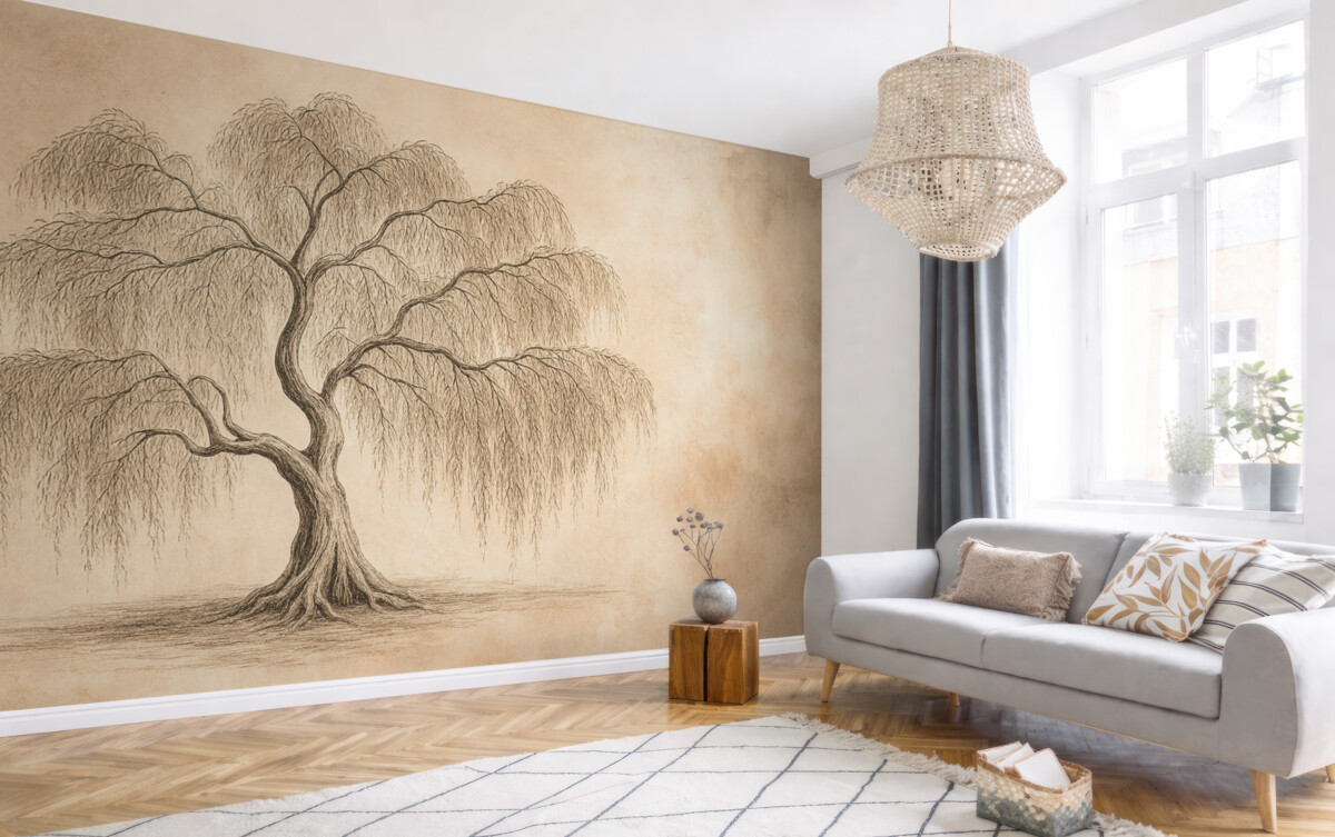 Fototapeta Wierzba na szarym różowym tle akwareli.