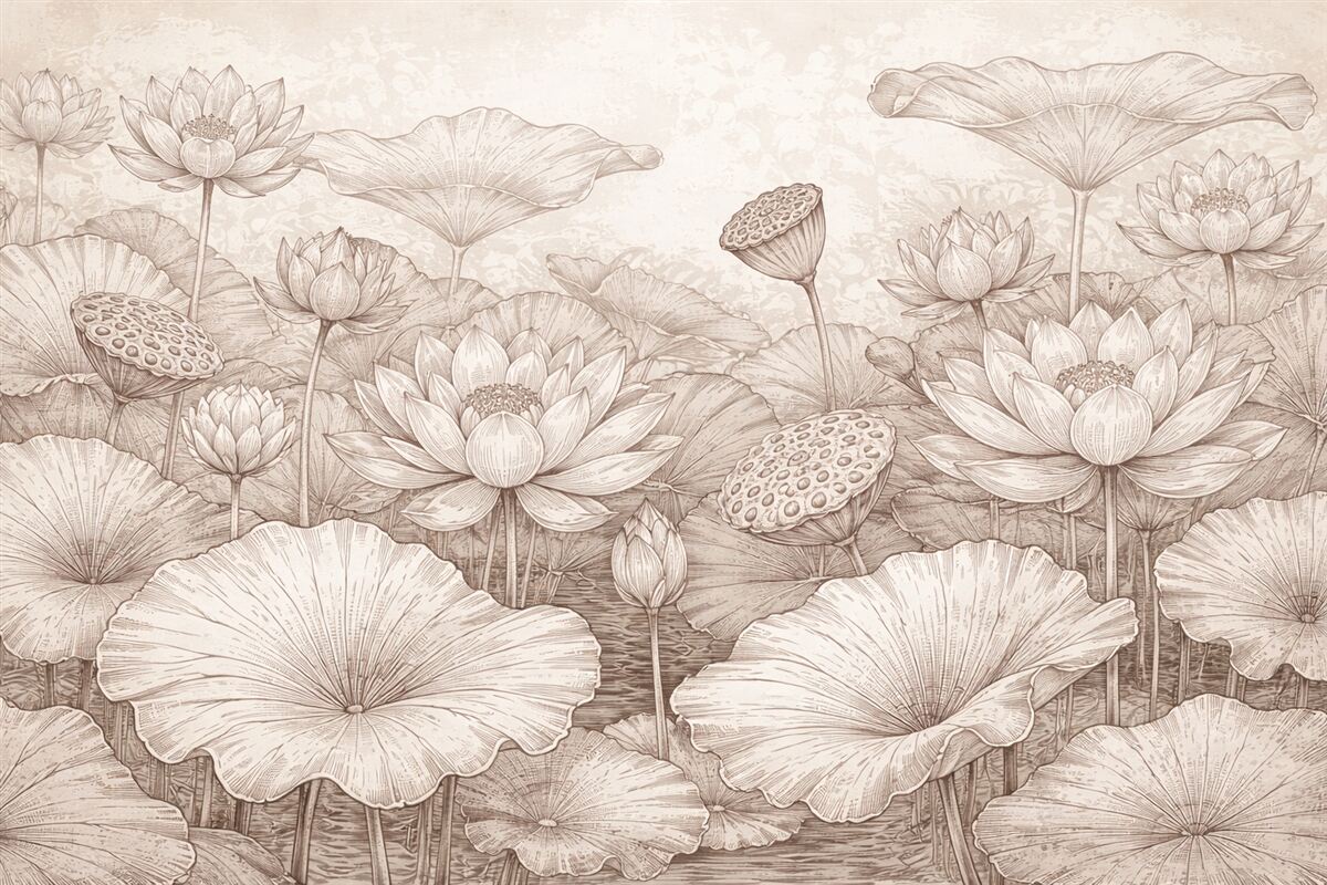 Fototapeta Malowanie pastelowego różowego łąki kwiatów lotosu z ich subtelnymi płatkami i liśćmi na miękkim, mglistym tle.