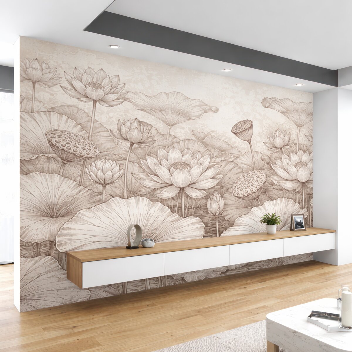 Fototapeta Malowanie pastelowego różowego łąki kwiatów lotosu z ich subtelnymi płatkami i liśćmi na miękkim, mglistym tle.