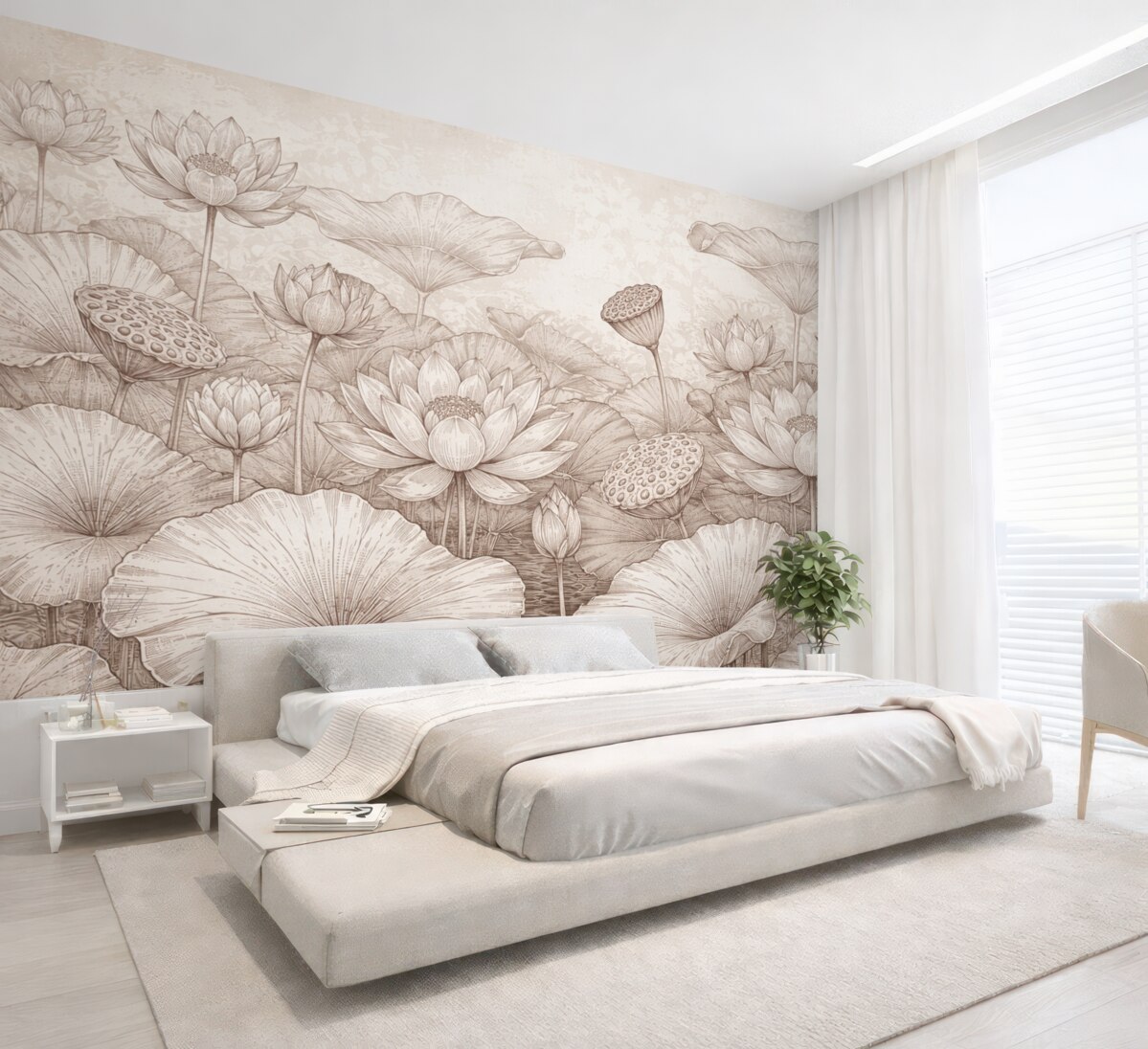 Fototapeta Malowanie pastelowego różowego łąki kwiatów lotosu z ich subtelnymi płatkami i liśćmi na miękkim, mglistym tle.