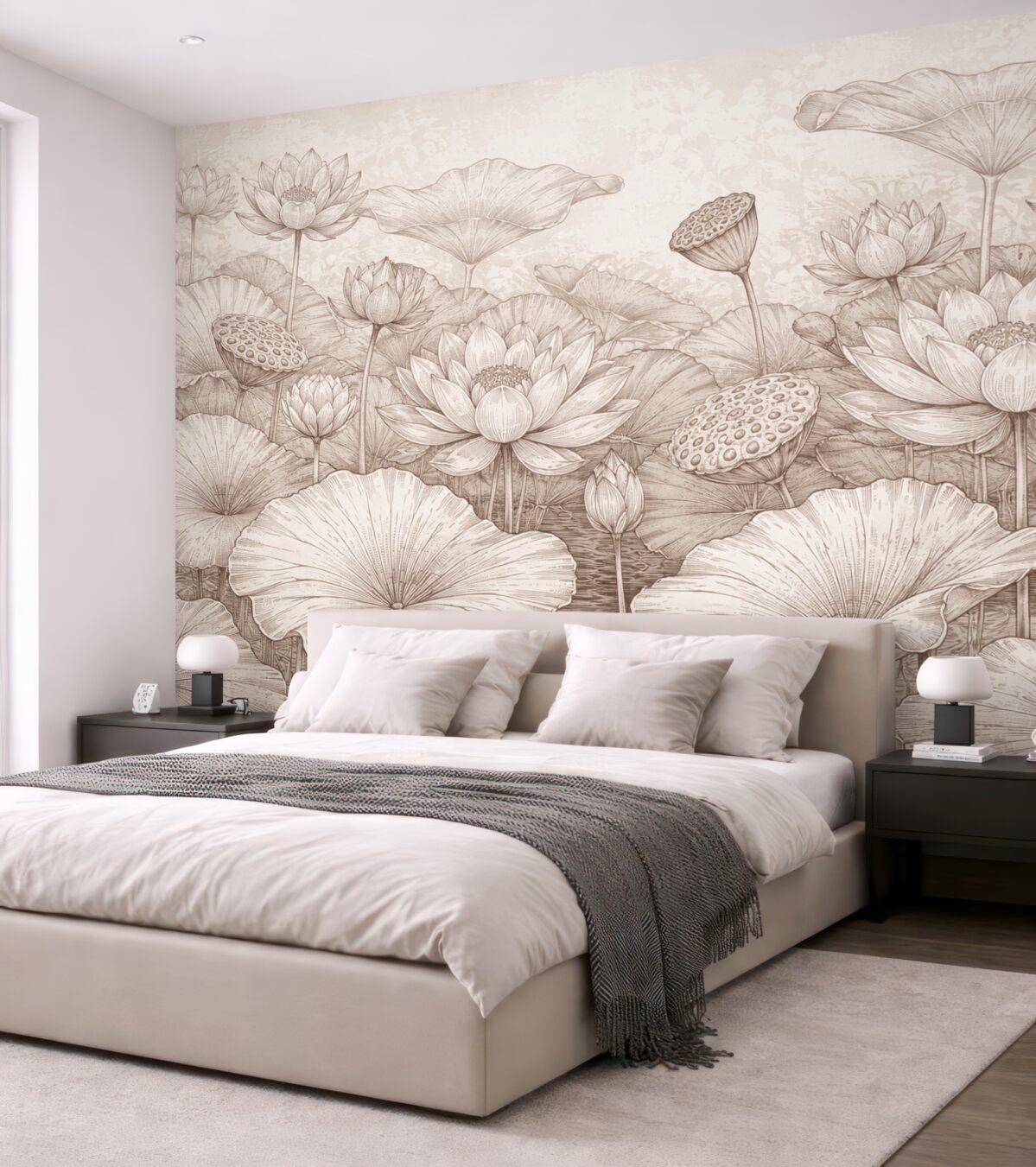 Fototapeta Malowanie pastelowego różowego łąki kwiatów lotosu z ich subtelnymi płatkami i liśćmi na miękkim, mglistym tle.