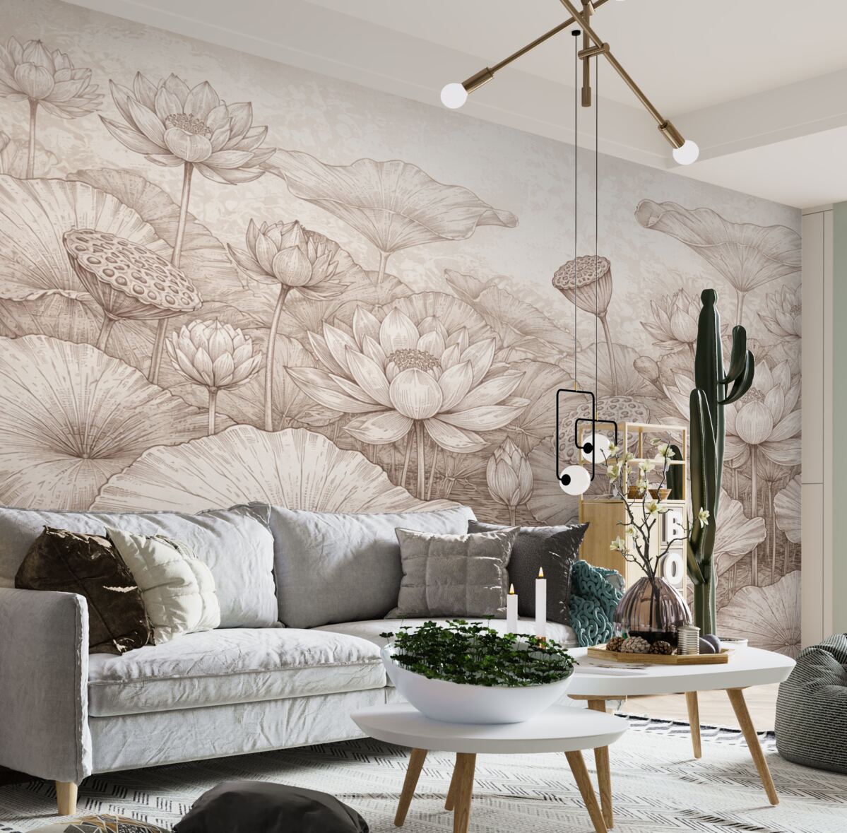 Fototapeta Malowanie pastelowego różowego łąki kwiatów lotosu z ich subtelnymi płatkami i liśćmi na miękkim, mglistym tle.