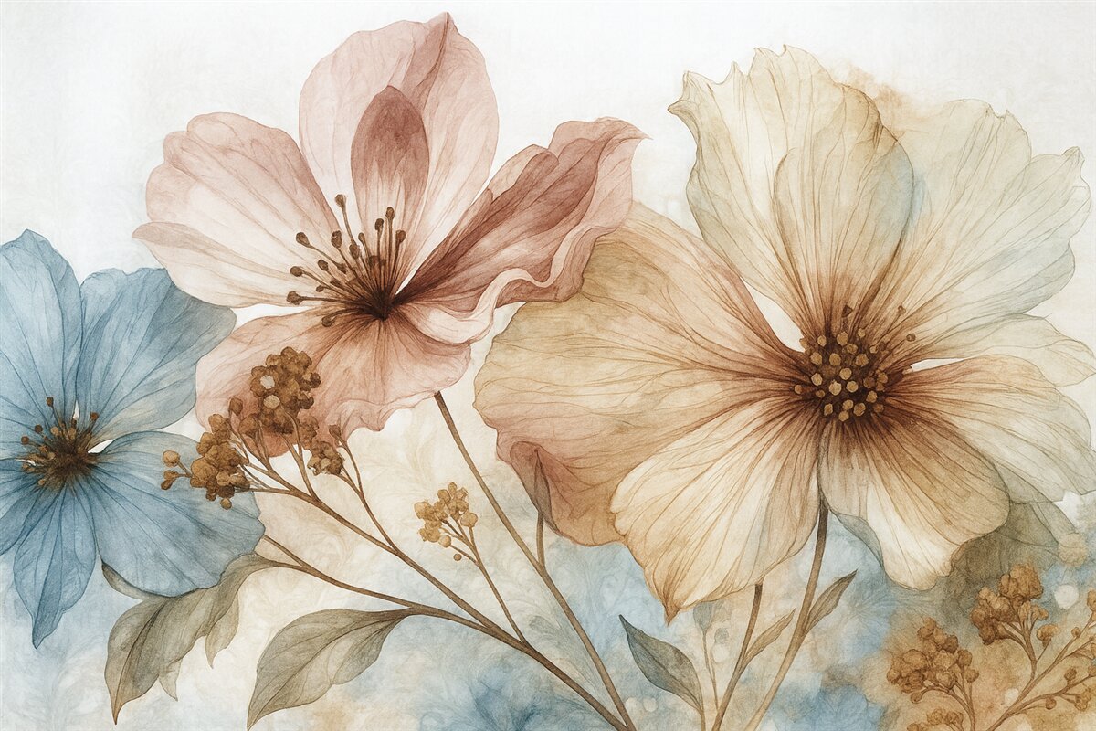 Fototapeta Subtelne przezroczyste kwiaty o gładkich, rozmytych brzegach na jasnym tle.