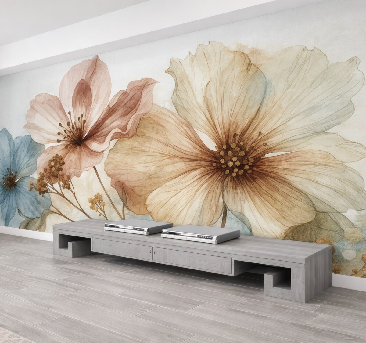 Fototapeta Subtelne przezroczyste kwiaty o gładkich, rozmytych brzegach na jasnym tle.