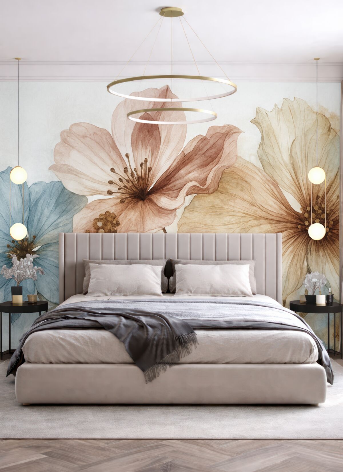 Fototapeta Subtelne przezroczyste kwiaty o gładkich, rozmytych brzegach na jasnym tle.