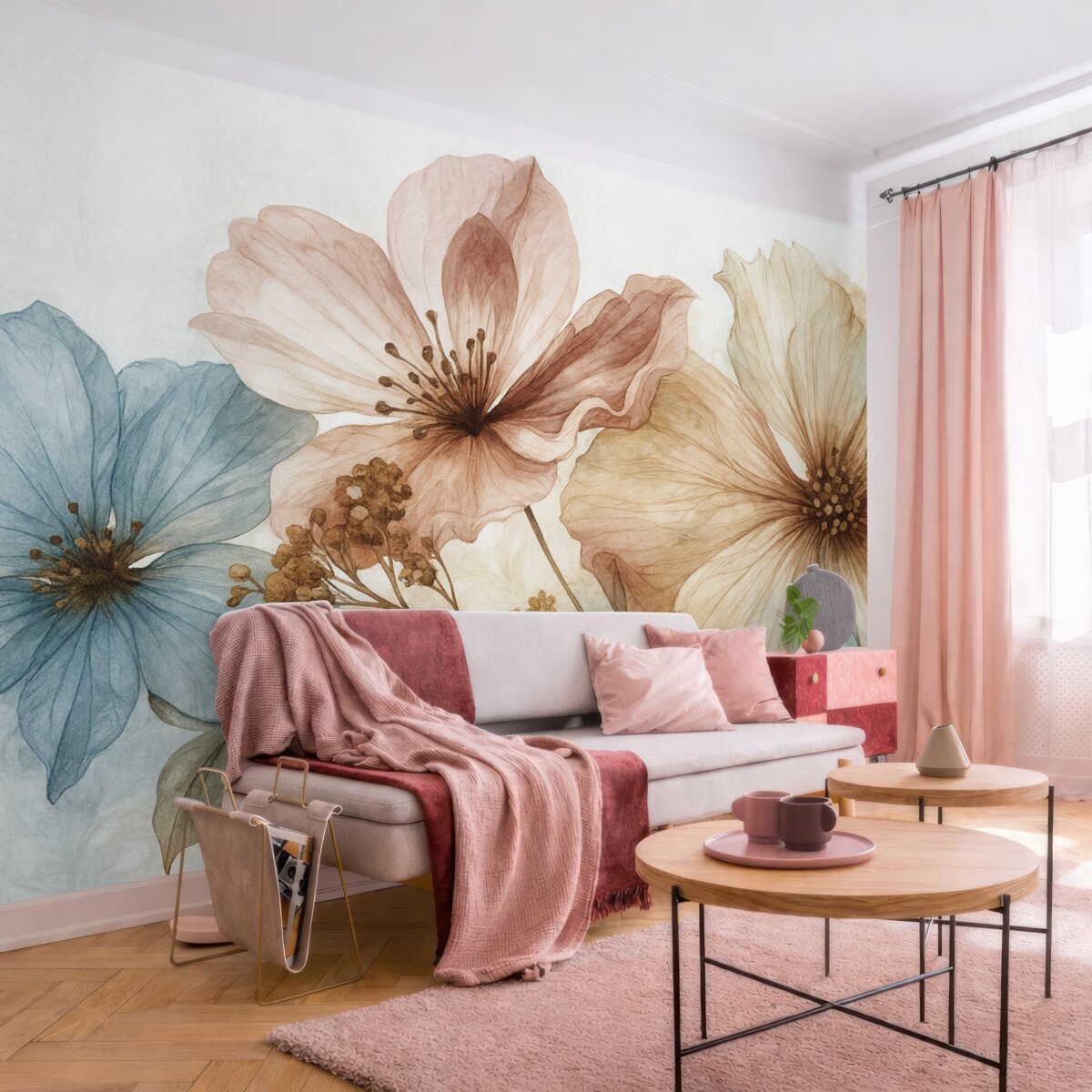 Fototapeta Subtelne przezroczyste kwiaty o gładkich, rozmytych brzegach na jasnym tle.