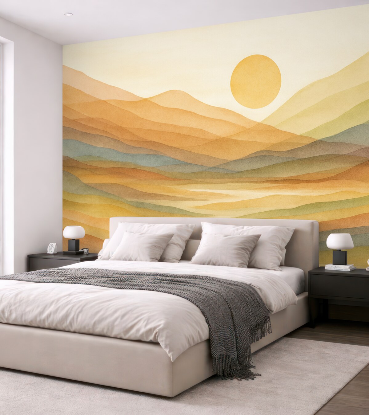 Fototapeta Górzysty pejzaż z przyjemnym słońcem na niebie, falującymi wzgórzami w tonacjach pomarańczu, żółci i brązu.