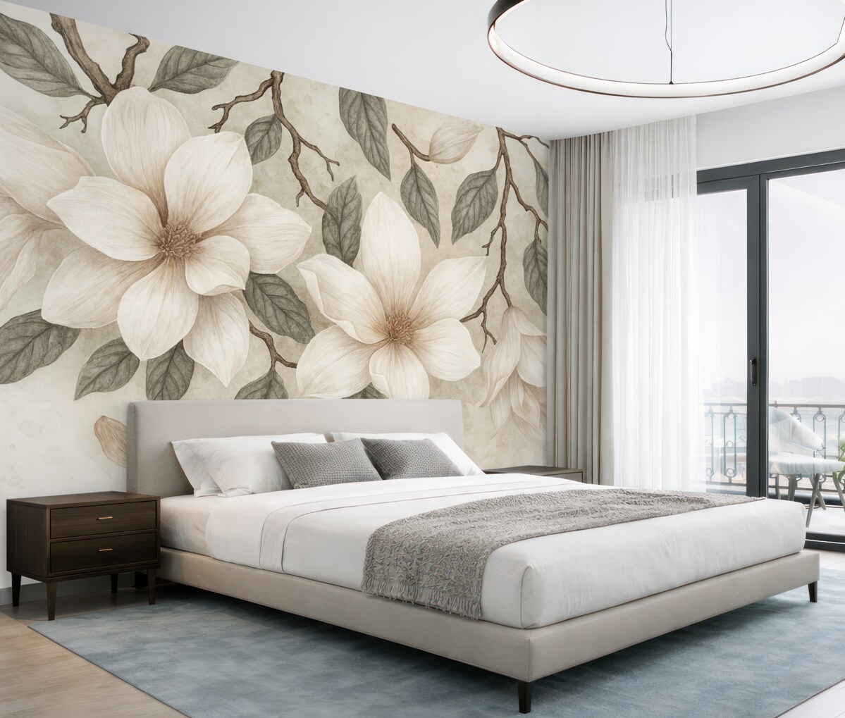 Fototapeta Subtelne różowe i białe kwiaty magnolii z zielonymi liśćmi na jasnym tle, łagodna, kwiatowa aranżacja.