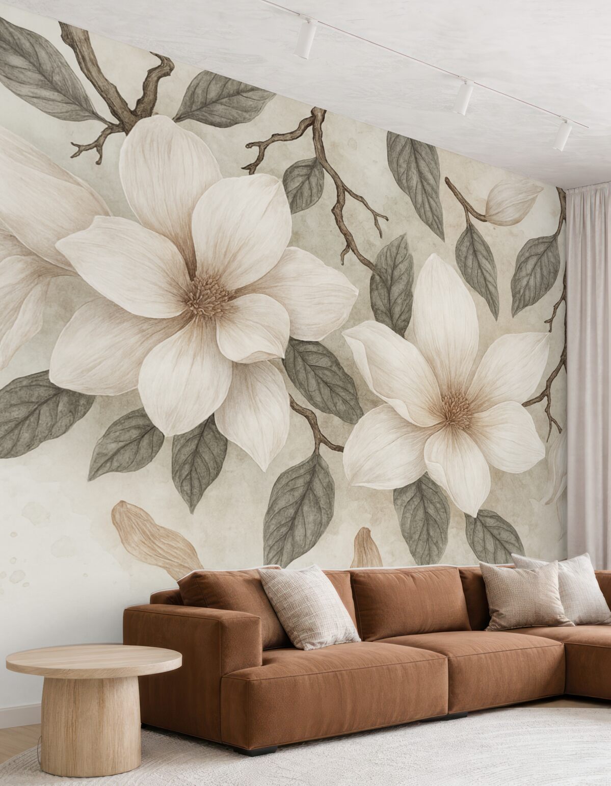 Fototapeta Subtelne różowe i białe kwiaty magnolii z zielonymi liśćmi na jasnym tle, łagodna, kwiatowa aranżacja.