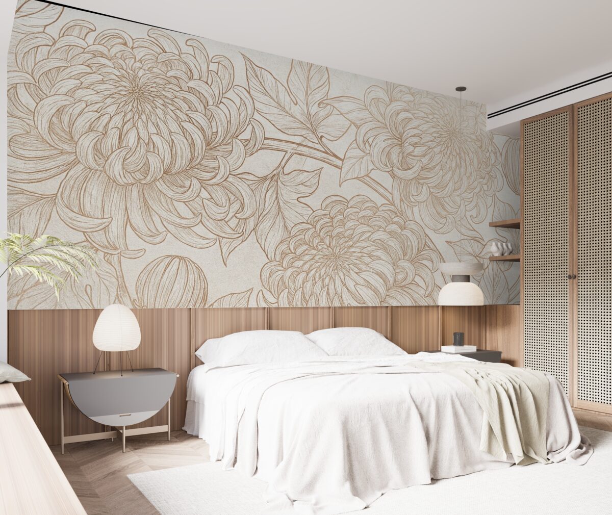 Fototapeta Dokładny szkic linii chryzantem oraz innych dużych kwiatów, z złożonymi wzorami płatków i liści.