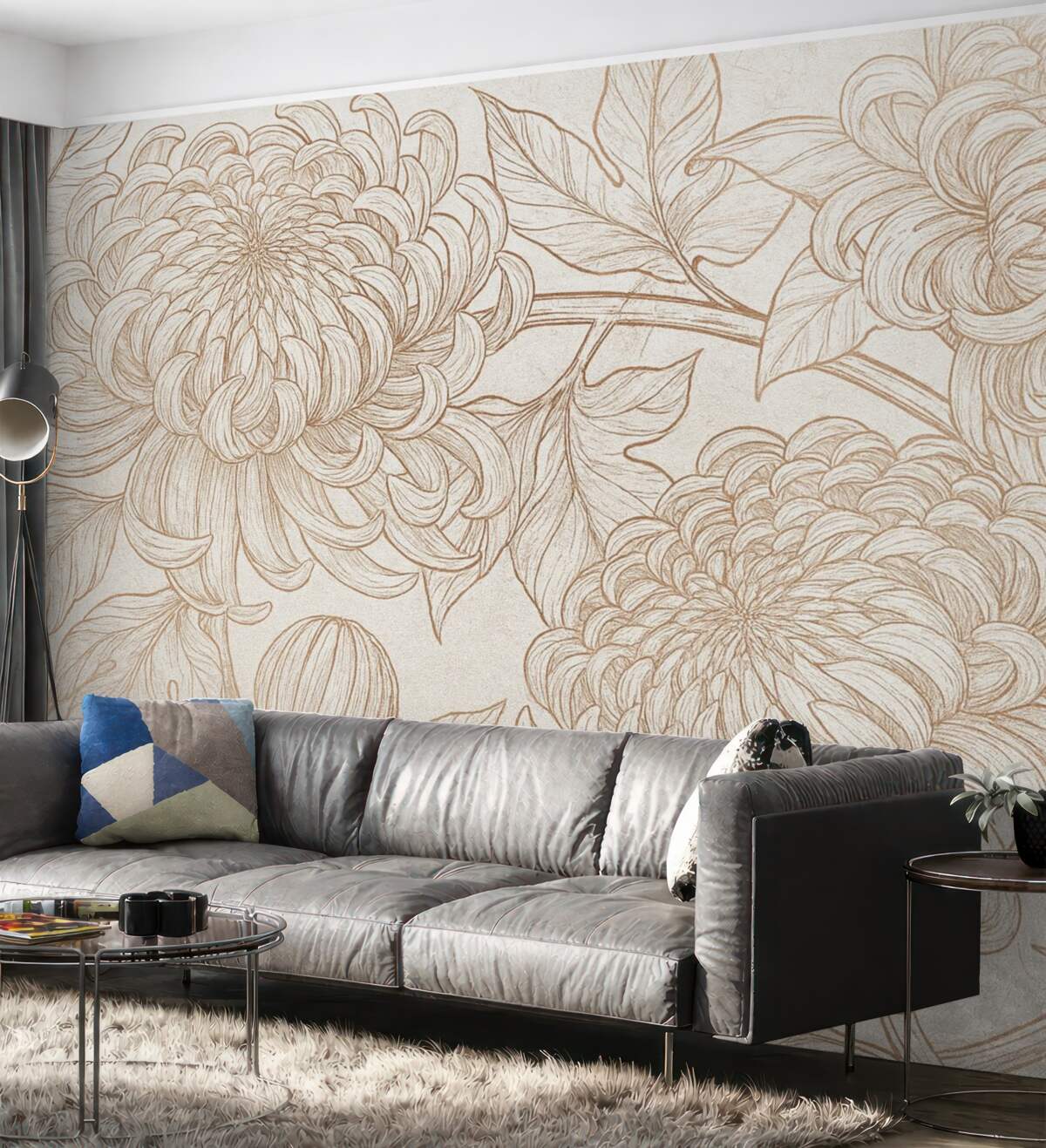 Fototapeta Dokładny szkic linii chryzantem oraz innych dużych kwiatów, z złożonymi wzorami płatków i liści.