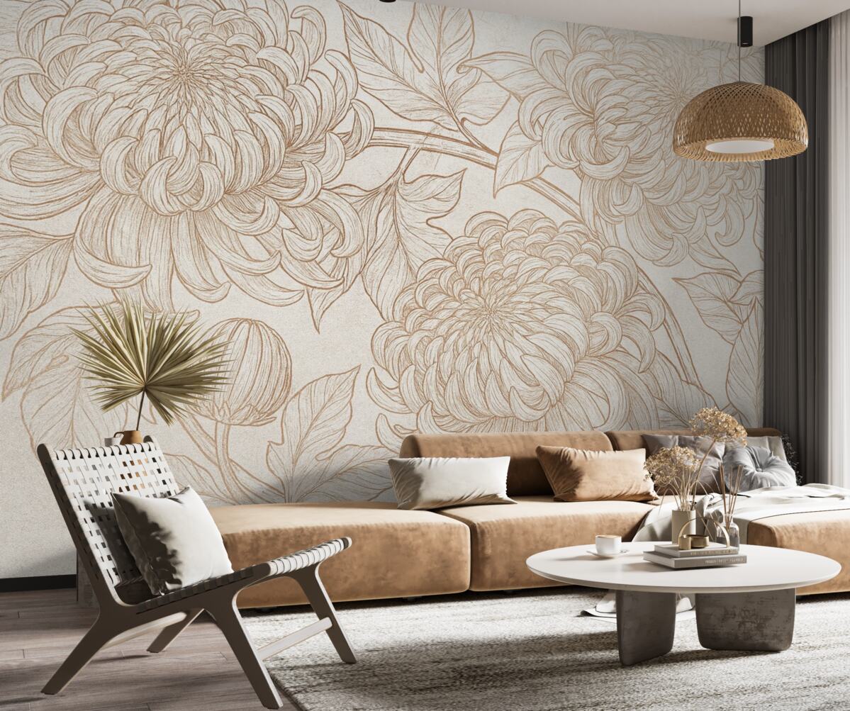 Fototapeta Dokładny szkic linii chryzantem oraz innych dużych kwiatów, z złożonymi wzorami płatków i liści.