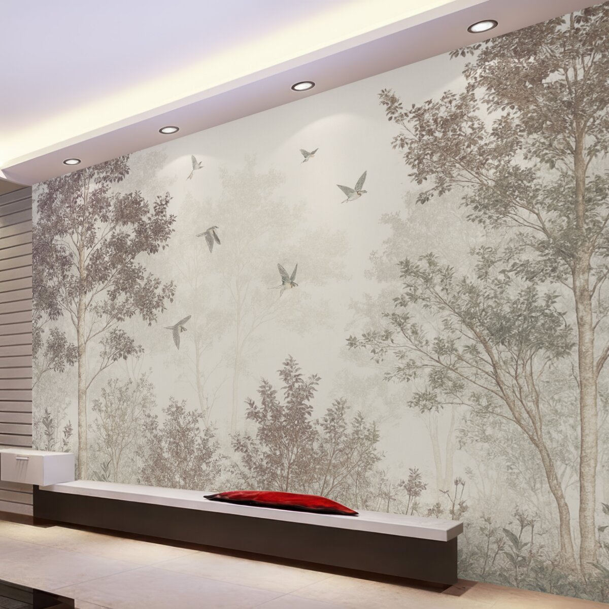 Fototapeta Nagi, delikatny, beżowy las z konarami na tle zamglonej, pochmurnej atmosfery z fruwającymi ptakami.