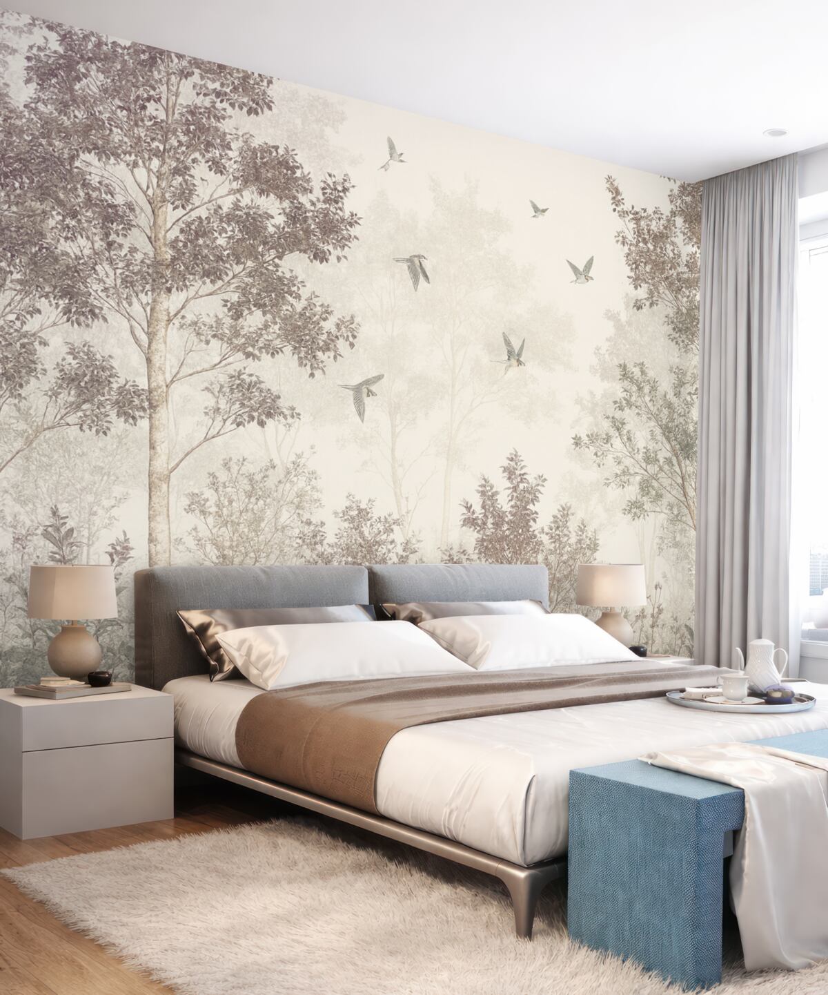 Fototapeta Nagi, delikatny, beżowy las z konarami na tle zamglonej, pochmurnej atmosfery z fruwającymi ptakami.