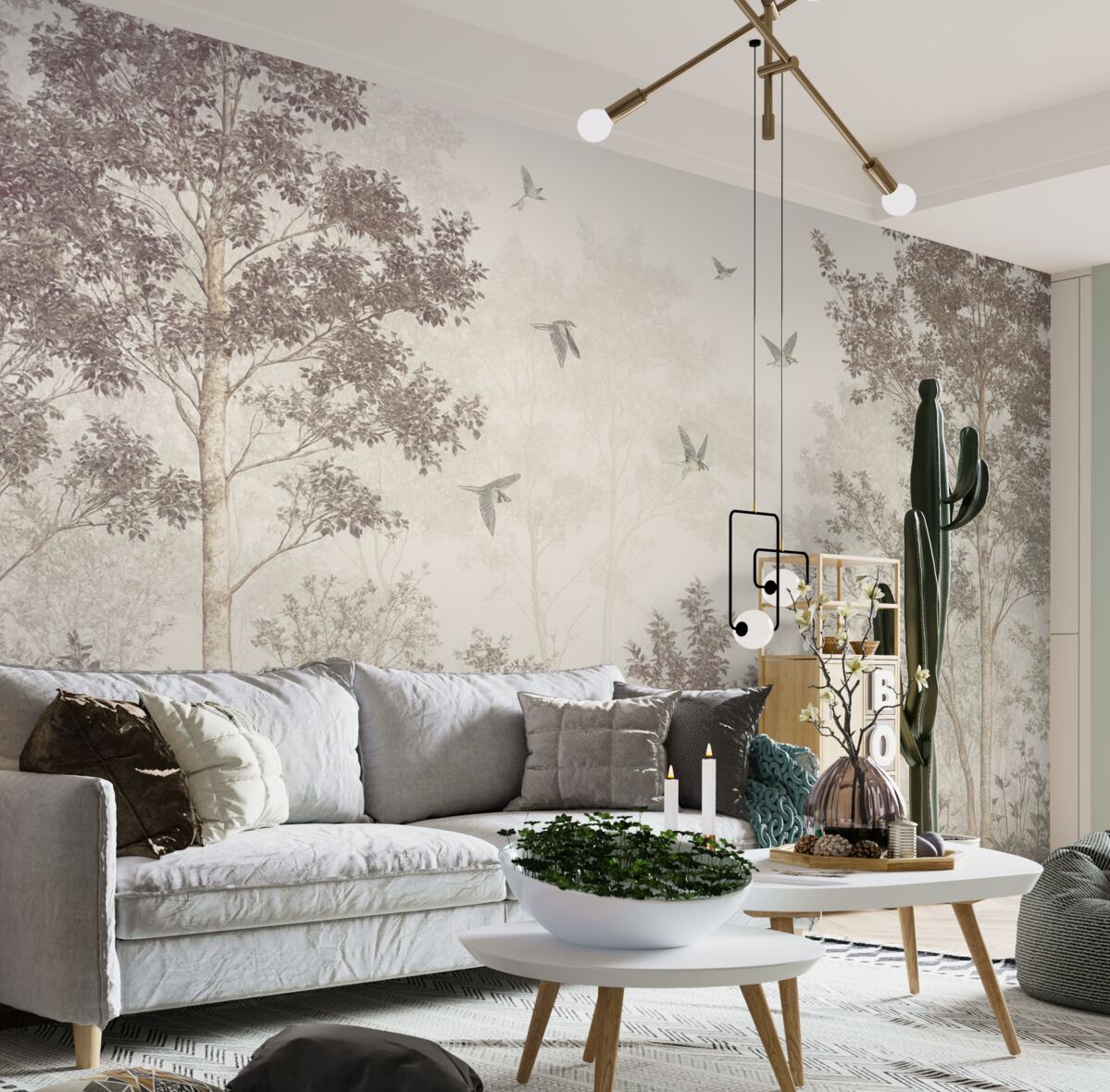 Fototapeta Nagi, delikatny, beżowy las z konarami na tle zamglonej, pochmurnej atmosfery z fruwającymi ptakami.