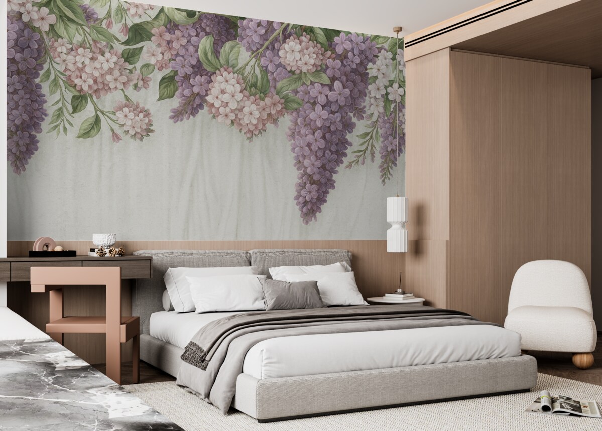 Fototapeta Kwiatowy wzór z białymi i fioletowymi kwiatami, bzami oraz zielonymi liśćmi na jasnym materiałowym tle.