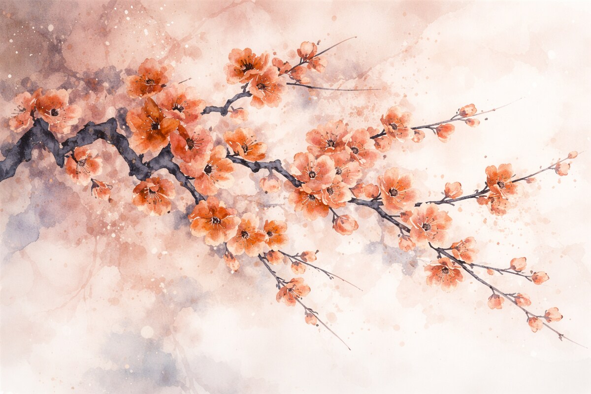 Fototapeta Gałąź rozkwitających czerwonych kwiatów wiśni na delikatnym, zamglonym tle z akcentami błękitu i szarości.