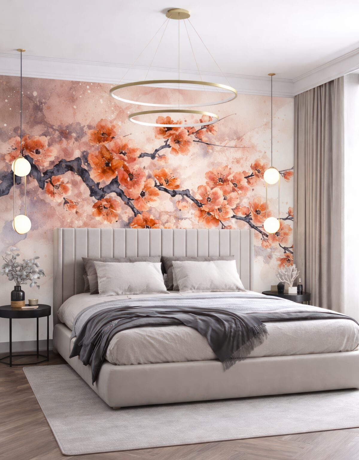 Fototapeta Gałąź rozkwitających czerwonych kwiatów wiśni na delikatnym, zamglonym tle z akcentami błękitu i szarości.